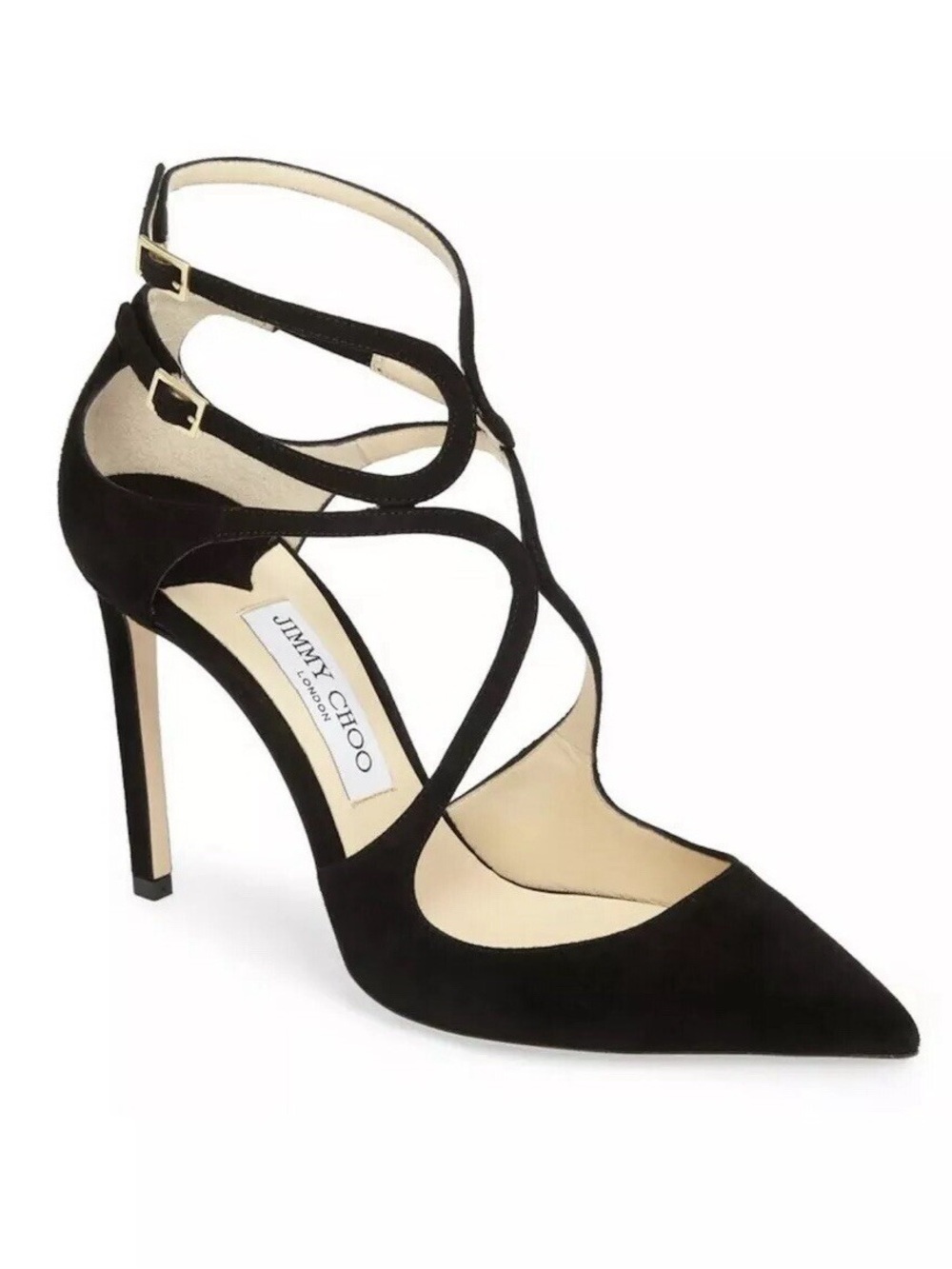 Jimmy Choo Pointy Toe Pump Lancer 100 Black Suede Strap Heel